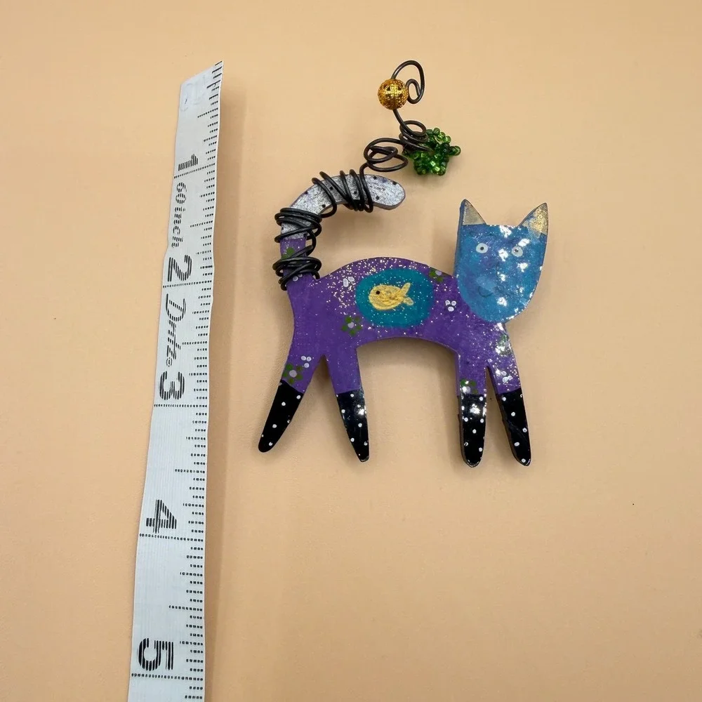 Whimsical Purple Blue Cat Brooch Pin Painted Wood Fish Wire Tail Folk Art Gift